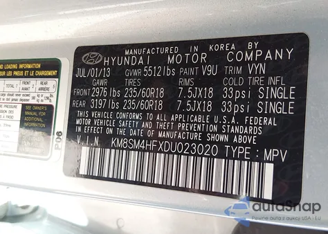 2013 Hyundai Santa Fe Gls z USA, uszkodzony, nr VIN KM8SM4HFXDU023020